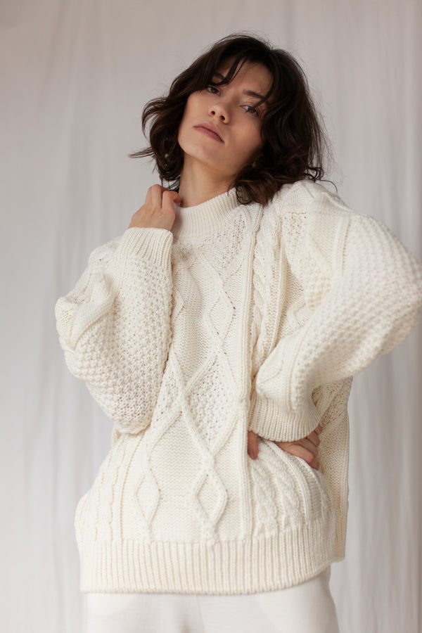 Nonna Cable-Knit 100% Merino Sweater White